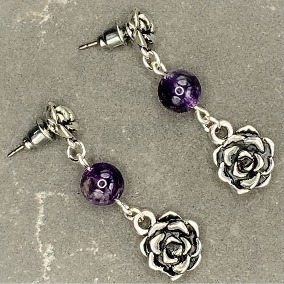 Boho Gypsy Sisters Jewelry - HAND CRAFTED Succulent Flowers Dangle EARRINGS Amethyst 1.5” Hypoallergenic NWT